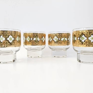 Vintage Gold Cocktail Glasses / Culver Valencia Footed Old Fashioned Glasses / 1960s Mid Century Regency Style Gold Embossed Rocks Glasses 