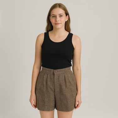 high waisted shorts 80s 90s vintage beige tan brown plaid wool dark academia trouser shorts 