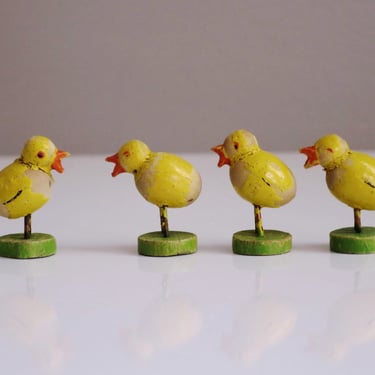 Antique Set of 4 Tiny Ducklings, Mini Wood Chicks, Easter Gift 