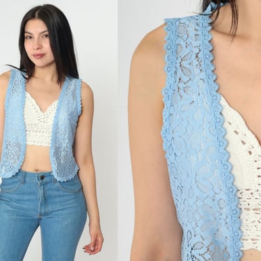 Blue Lace Vest 90s Sheer Floral Tank Top Sleeveless Blouse Open Front Cut Out Hippie Boho See Through Vintage 1990s Small S 