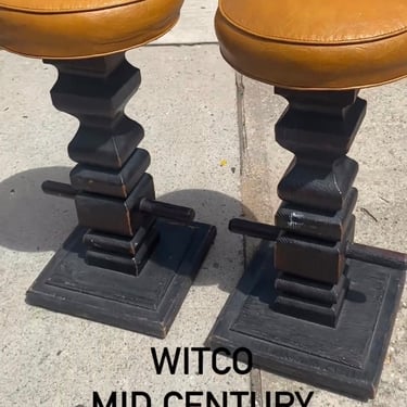 Pair of Witco Mid Century Craftsman Style Wood and Vinyl Bar Stools