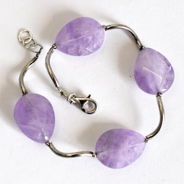 Hip 90's sterling chunky amethyst teardrop bracelet, 925 silver waved bars & beads big purple stones bracelet 