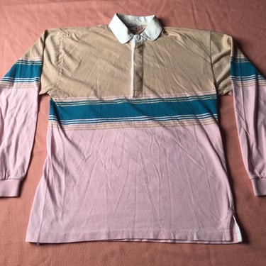 1970's Merona Sport Long Sleeve Polo Shirt Neapolitan Tricolor Pink Turquoise Beige Golf Shirt Tennis Shirt Lacoste California Surfer Style 