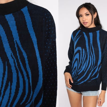 80s Statement Sweater Abstract Zebra Stripe Polka Dot Boho Grunge Black Blue Knit Jumper Pullover Mock Neck Vintage 1980s Extra Large xl 