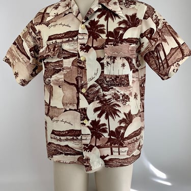 1940's Hawaiian Photoprint Shirt - Sepia Tone Images - Dagger Loop Collar - Flap Patch Pockets - Rayon - Men's Size Medium 