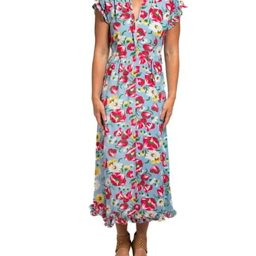 1940S Aqua Blue & Pink Cold Rayon Floral Zip-Front Dress 