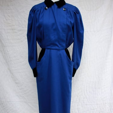 80s Albert Nipon Royal Blue Military Inspired Wool and Velvet Long Sleeve Dress Size S 