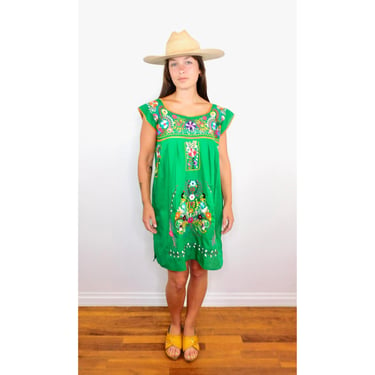 Verde Dress // vintage sun Mexican hand embroidered floral 70s boho hippie cotton hippy green mini sleeveless // S/M 