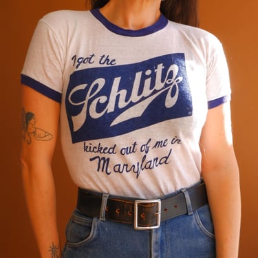 Vintage 80s Schlitz Ringer T-Shirt/ 1980s I Got Schlitz Kicked Out Of Me in Maryland Novelty/ Baltimore / Size Small 