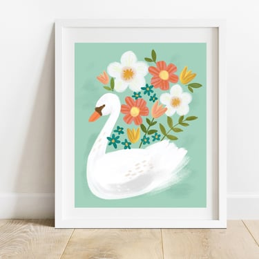 Swan and Flowers 8 X 10 Art Print/ Floral Bird Illustration/ Pastel Animal Nursery Wall Decor/ Kids Bedroom Decor 