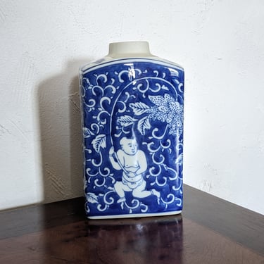Vintage Blue and White Cute Chinese Man Bottle Vase 
