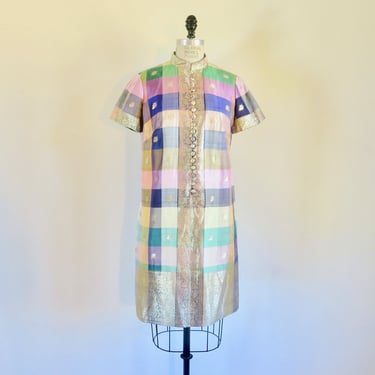 1960's Multicolor Plaid Silk Shantung Dress Gold Embroidery Trim Mandarin Collar Short Sleeves 60's Spring Summer India Profils Size Large 