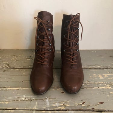 Heeled, Brown Leather Lace-Up Boots - 1990s - US Women's Size 8.5 