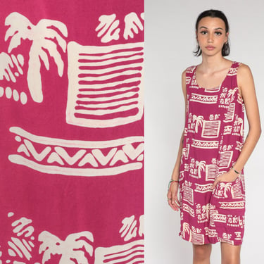 Tropical Mini Dress 90s Dark Pink Day Dress Geometric Palm Tree Print Retro Sundress Beach Shift Pockets Sleeveless Vintage 1990s Small S 