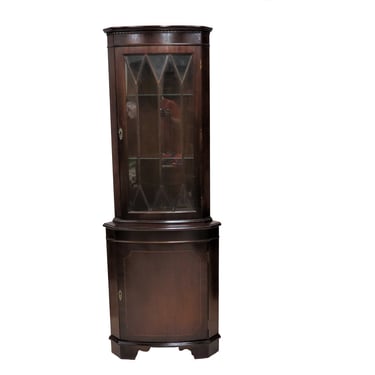 Vintage Wooden Cabinet | English Inlaid Mahogany Corner Cabinet With Fretwork Glass Door 
