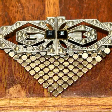 Art Deco Brooch Chain Maile Mesh Black Stones Vintage Jewelry 