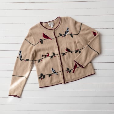 cute cottagecore sweater | 90s y2k vintage beige embroidered bird cardinal bluejay holly Christmas wool cardigan 