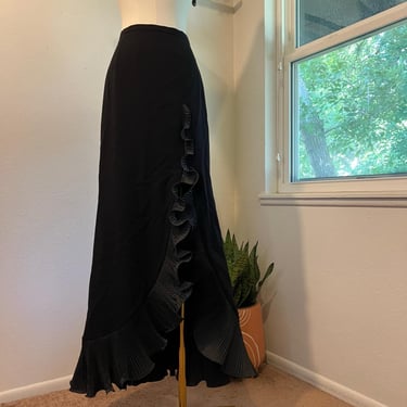 Escada Black Pure New Wool High Front Slit Ruffled Trim Maxi Skirt Size 40 