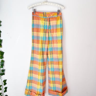 SIZE XS 70s Vintage Wide Leg Rainbow Plaid Trousers / Wide Leg 70s Pants Bell Bottom Madras Plaid Fun Unique 