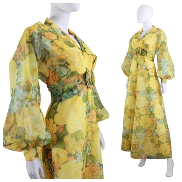 1970s Yellow Rose Floral Chiffon Gown - 1970s Floral Chiffon Dress - 1970s Balloon Sleeve Dress - Yellow Rose Print Dress | Size Medium 