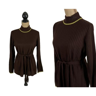 90s Y2K Dark Brown Ribbed Turtleneck, Mock Neck Sweater, Belted Long Sleeve Knit Top,  Fall Winter Clothes Women Vintage NINA LEONARD Medium 