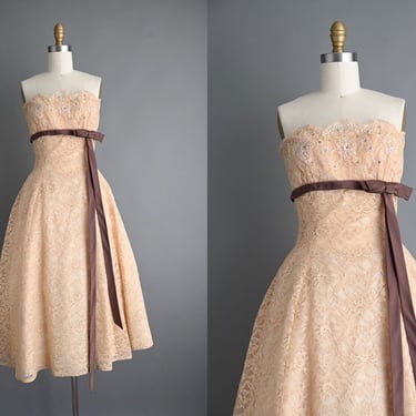 vintage 1950s dress | I.Magnin & Co Champagne Lace Strapless Cupcake Dress | Small 
