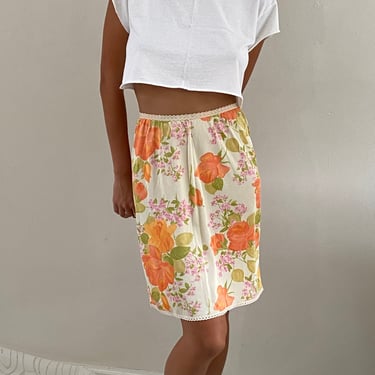 70s half slip skirt / vintage tangerine floral silky satin half slip skirt | S M 