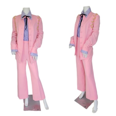1970's Pink Poly Knit 2 Pc Pants Suit Flower Patches I Sz Lrg I Samuel Grossman 