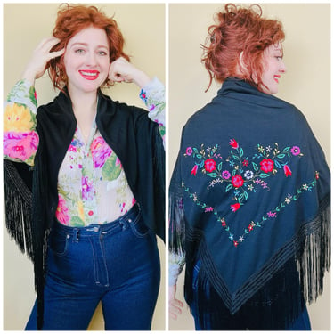 1970s Vintage Poly Black Embroidered Shawl / 70s Colorful Floral Folk Piano Cape Fringe / One Size 