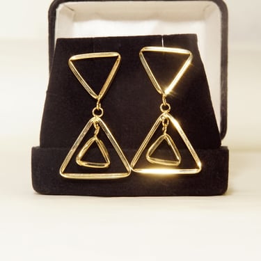 Modernist 14K Triangle Dangle Earrings, Minimalist Geometric Earrings, Polished Yellow Gold Finish, 40mm 