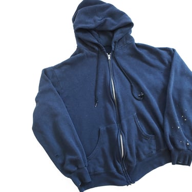 70s hoodie / thrashed hoodie / 1970s navy blue zip up hoodie workwear painter distressed sweatshirt Medium 