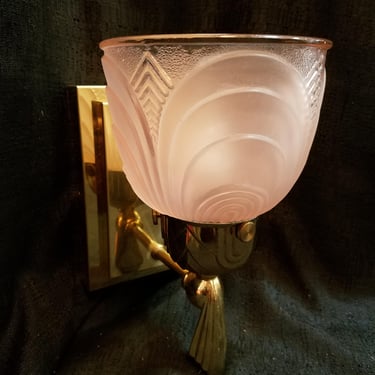 Vintage Brass and Steel Single Bulb Sconce with Pink Glass Shade