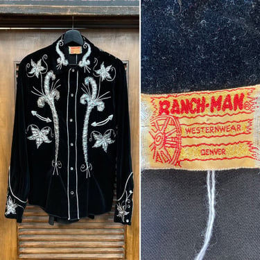 Vintage 1950’s “Ranch Man” Vevet Black x Metallic Silver Rodeo Western Cowboy Rockabilly Shirt, 50’s Vintage Clothing 