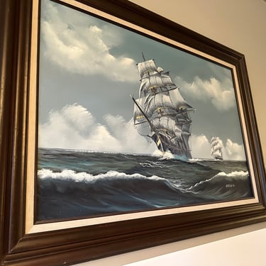 Huge Vintage Signed Original Clipper Ship Art Schooner Art 
