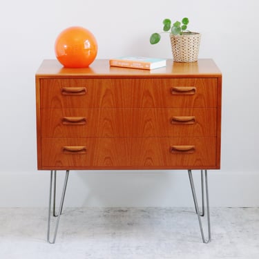 Mid Century Modern Chest of Three Drawers on Raw Steel Hairpin Legs - G Plan Fresco - Teak - Afromosia - Retro - Refurbished - Industrial 