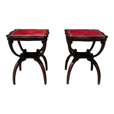 Vintage Pair Adams Always Regency Style Mahogany Red Leather Top Tables