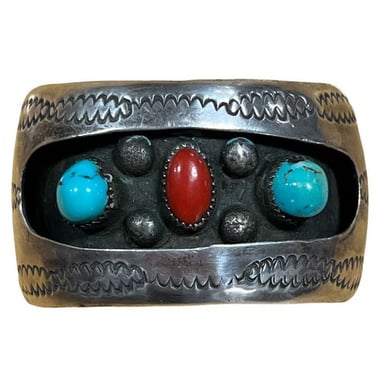 South Western Navajo Silver Turquoise Coral Cuff Bracelet by Kathleen Yazzie 