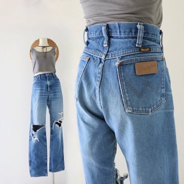 destroyed wrangler jeans - 31.5 - vintage 90s y2k blue jeans western unisex mens womens wranglers distressed rustic holes pants 