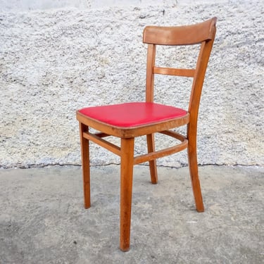 Vintage Wooden Chair/ Wood and Red Leather Chair / Stol Kamnik Old Dining Chair/ Vintage Furniture /Retro Furniture/ Yugoslavian Chair / 60s 