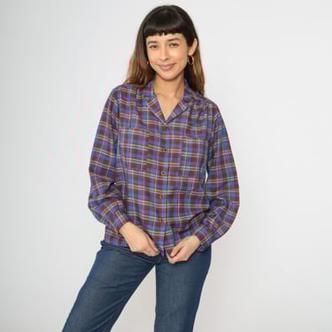 80s Plaid Shirt Blue Burgundy Checkered Blouse 1980s Vintage Button Up Top Chest Pocket Long Sleeve Medium 