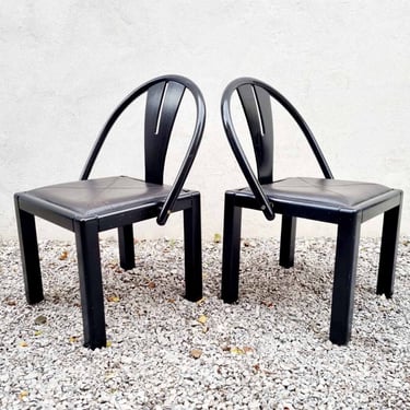 Rare Pair of Postmodern Dining Chairs / Italian Design / Leather Seats /  Wooden Chairs / Dining Office Chairs / Retro Chairs / Italy / '80s 