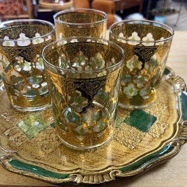 Culver Valencia rocks set 1950s gold and green barware lowball MCM drinking glasses 