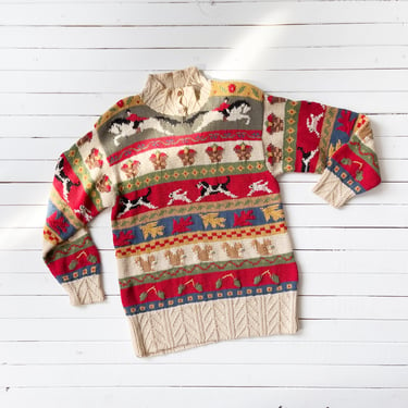 embroidered sweater 80s 90s vintage Susan Bristol dog rabbit squirrel horse striped novelty sweater 