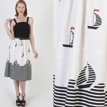 Sailboat Print Summer Party Dress Striped Cotton Sundress Vintage 80s Nautical Sailing Beach Dress 