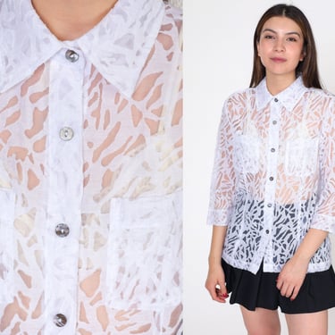 Sheer White Blouse Y2k Burnout Animal Print Top Button Up Shirt Boho Hippie Blouse Party Going Out Light Summer Vintage 00s Small 4 