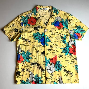 Vintage 80s Men’s Hawaiian Shirt Yellow Floral Tiki Vibes Size Large 