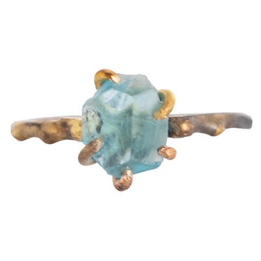 OOAK Blue Apatite Small Stone Ring - Oxidized Silver with 14k Rose White Gold + 18k Yellow Gold Claws