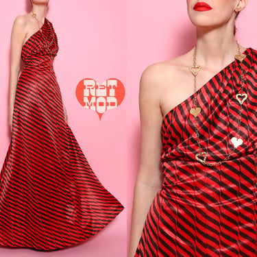 Amazing Vintage 70s Red Black Satin-y Op Art One-Shoulder Maxi Dress 