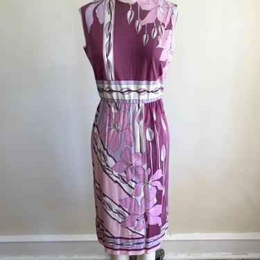 Pink and Purple Floral Placement Print Dress - 1970s 