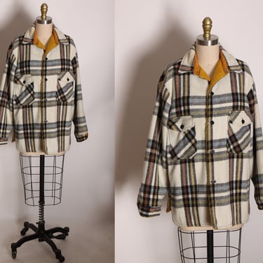 1970s Cream, Green and Yellow Plaid Long Sleeve Fuzzy Button Up Mens Coat -L 